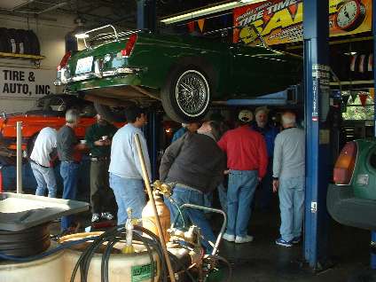 MGB on hoist at tune up day
